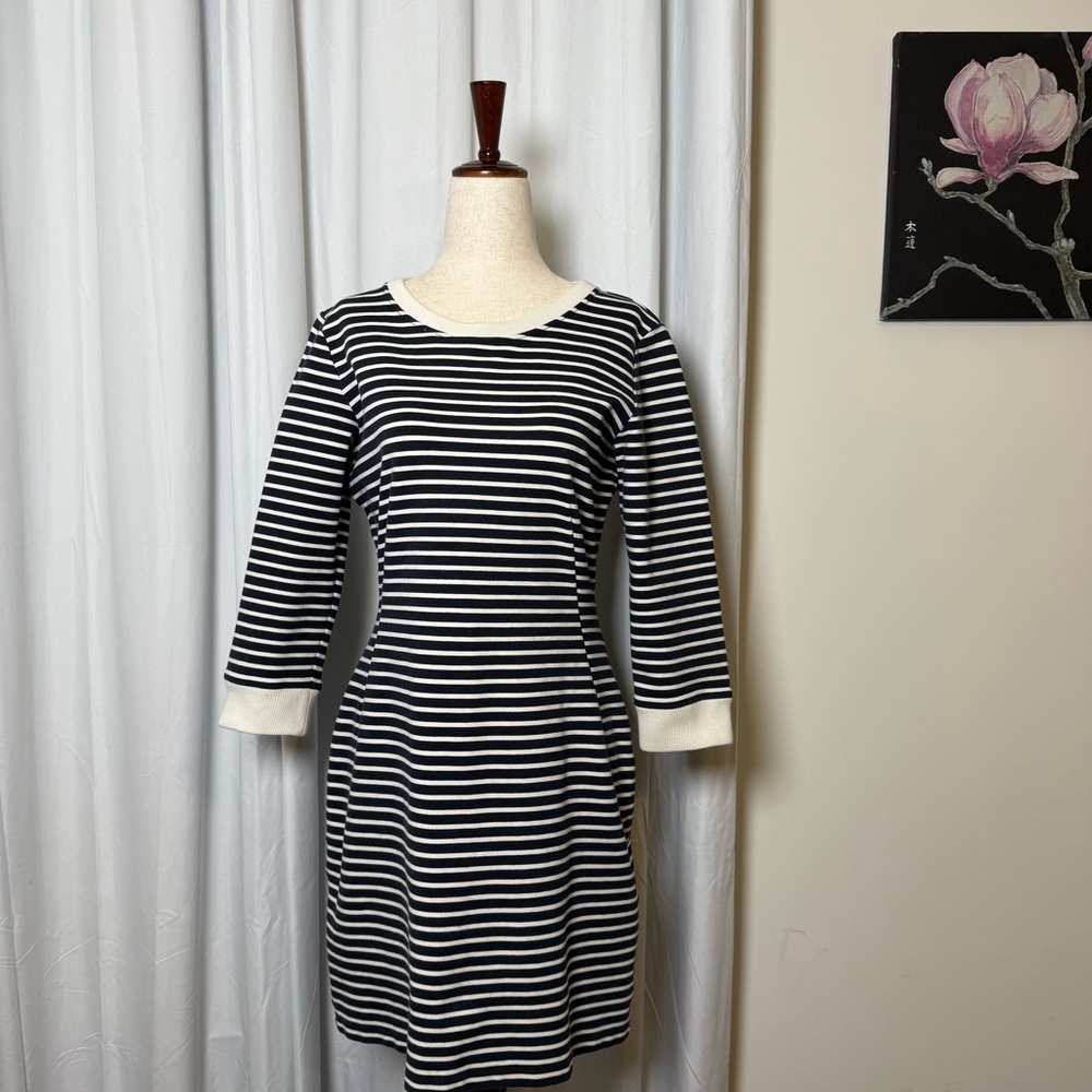 Theory Navy White Striped Knit Sheath Dress Womens 10 Nautical